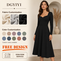 Robe midi élégante en coton tricoté opaque 280 GSM, col cœur, coupe trapèze, manches longues, pour femme, hiver, personnalisable avec logo OEM