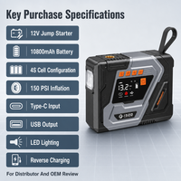 Démarreur de voiture et camion 12V, compresseur d'air 150 PSI, batterie 4S 10800 mAh, préchauffeur de pneus, entrée/sortie USB Type-C, lumière LED