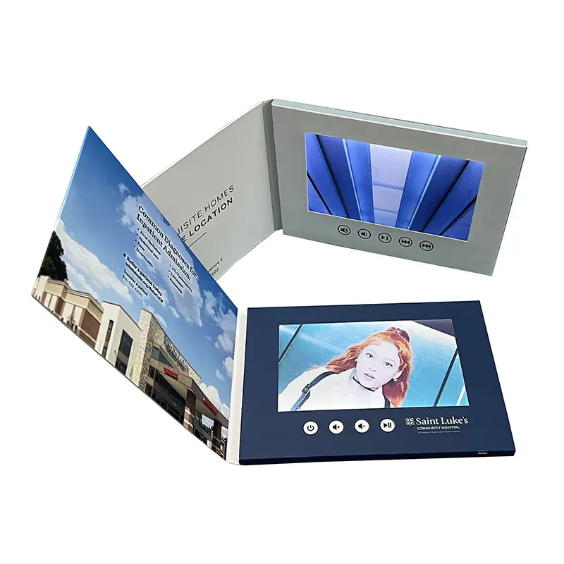 De vídeo folleto 7 pulgadas de vídeo tarjeta de video enviar por correo tarjeta de felicitación con 5 pulgadas HD pantalla lcd caja