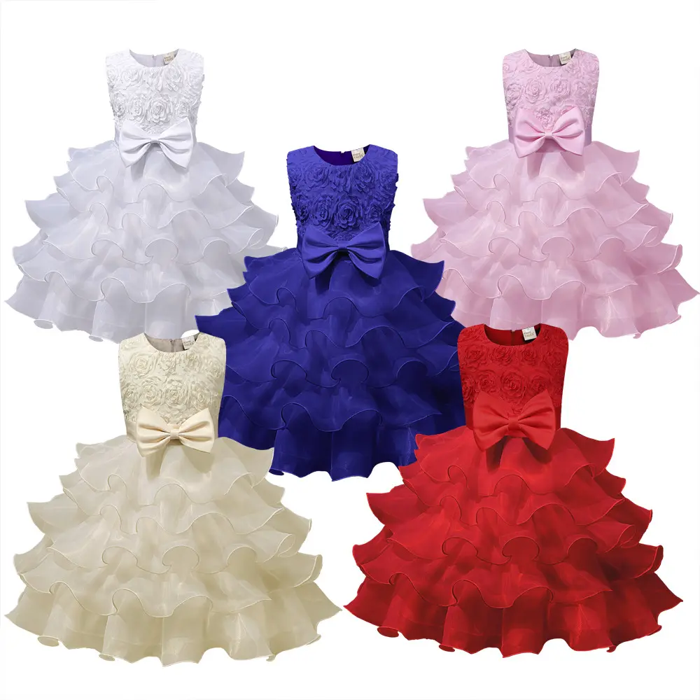 Latest fashion birthday flower comfortable american princess smocked clothing lovely little kids children baby girl frill dress