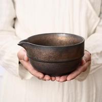 Bol à matcha en céramique japonaise éco-responsable effet fourne, style Japandi, avec support à bec verseur, ensemble rétro pour café et thé, usage domestique