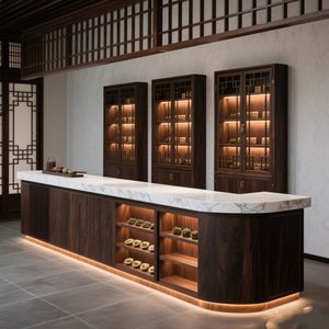 Walnootkleurige vintage Chinese stijl kassa-/barcounter voor theehuis, landelijk restaurant of boerderij - Product Image 3