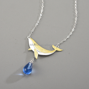 Loto divertente 925 in <span class=keywords><strong>argento</strong></span> Sterling placcato oro 18k cristallo naturale blu <span class=keywords><strong>lacrime</strong></span> di balene ciondolo collana gioielli di lusso per le donne - Product Image 2