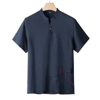 Toptan moda erkek kısa kollu gömlek düğmesi rahat plaj Henley gömlek için % 100% saf keten standı yaka bluz