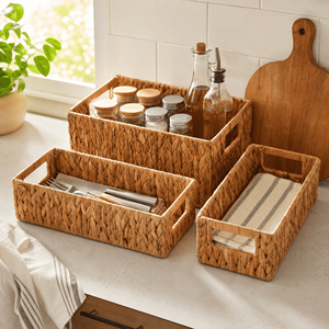 EZOWare Portaoggetti Rettangolare in Vimini Naturale Riscaldato ad Acqua con Manici, Capacità 10-20L, per Cameretta, Bagno, Dispensa - 2 Misure - Product Image 3