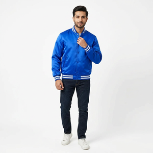 Royal-Blue Satin Varsiti Baseball <b>Jacket</b> <b>White</b> Rib Men's Custom Quick-Dry Baseball <b>Jacket</b> 100% Polyester Letterman <b>Jacket</b> - Product Image 1