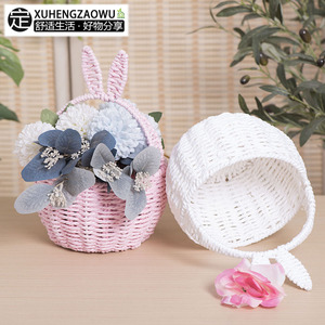 Cesta Redonda de Papel Trenzado Hecha a Mano con Orejas de Conejo, 1-3L, para Floristería, Regalos y Almacenamiento - Product Image 5