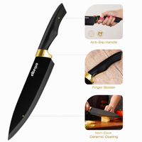 Ensemble de 5 couteaux de cuisine professionnels noirs en acier inoxydable antiadhésifs : couteau de chef, couteau à pain, couteau utilitaire, couteau à éplucher