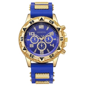 Reloj Deportivo de Lujo para Hombre con Esfera Azul, Bisel Dorado, Correa de Silicona y Función de Cronógrafo - Product Image 1