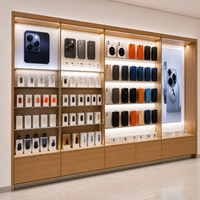 Wandmontierte Handy-Vitrine mit LED-Beleuchtung für Mobiltelefon-Zubehör, Holzregal für Einzelhandelsgeschäfte