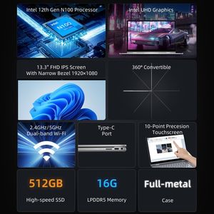 <span class=keywords><strong>BMAX</strong></span> <span class=keywords><strong>Y13</strong></span> Pro Notebook PC 16GB + 512GB 13,3 pulgadas Win 11 Intel Alder Lake N100 Rotación de eje de 360 grados Tableta portátil - Product Image 3