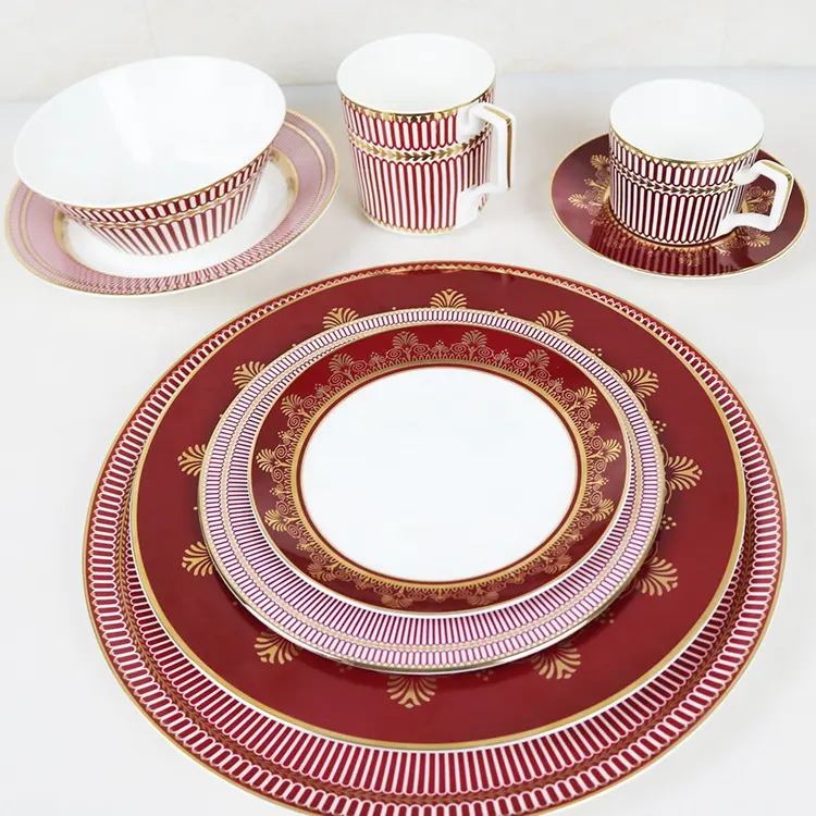 Conjunto de jantar vermelho personalizado, conjunto de talheres de cerâmica para restaurante europeu