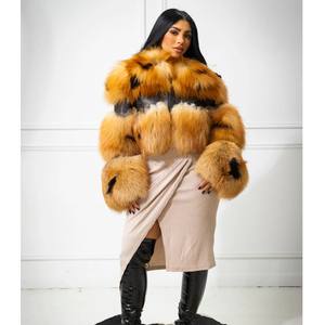 RXFurs Manteau de fourrure à fermeture éclair pour l'hiver, manteau de luxe épais et court en fourrure de renard roux naturel avec veste en cuir - Product Image 1