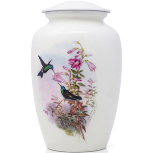 Urna Funeraria de Esmalte Blanco con Colibrí Impreso, Urna Conmemorativa Personalizada para Entierro de Adultos - Product Image 1