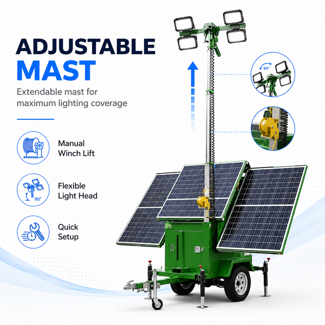 Customized 7m 9m Portable Solar Powered LED Light Tower Trailer with MPPT Control Telescopic Construction Site Security