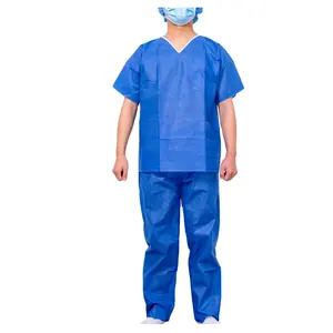 Dark blue comfortable breathable operating clothes non-woven isolation scrub suit factory supply