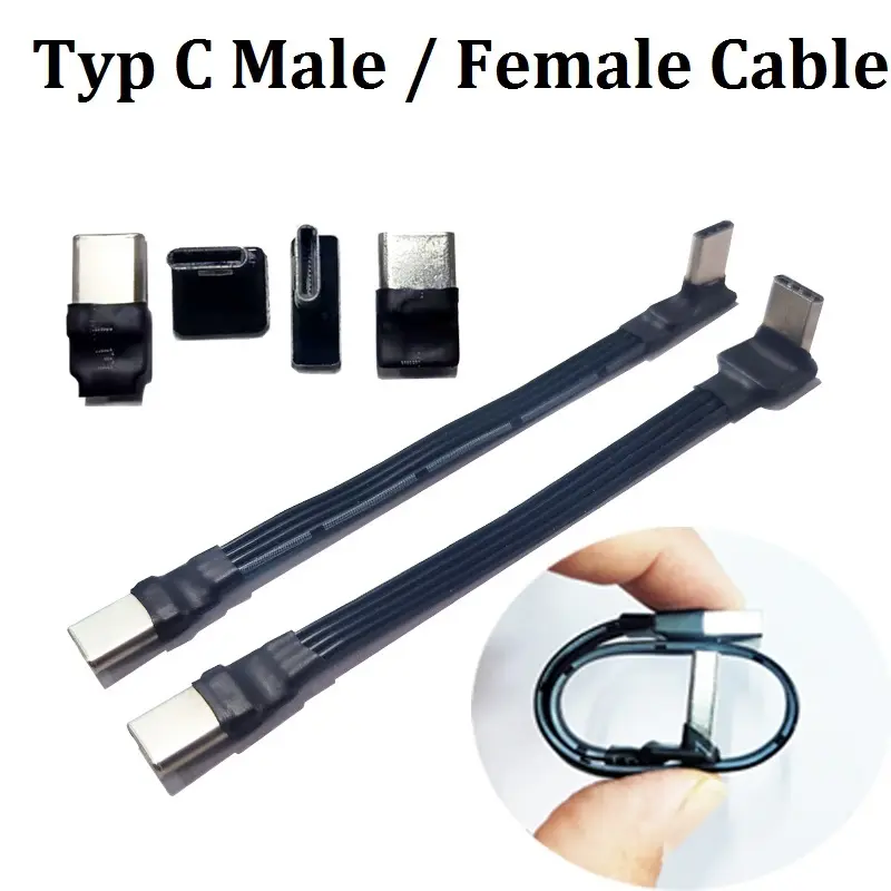 Factory Customized USB 3.1 Type C FPV Flat Slim Thin Ribbon FPC USB Data Extension Cord Type A to To Type C 90 Degree Right
