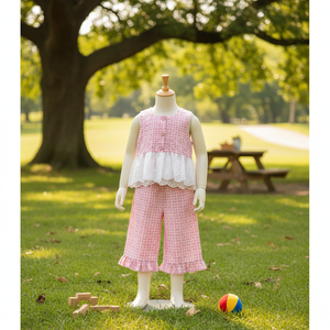 Ensemble de vêtements pour enfants de style coréen OZKIZ, à carreaux, 100% coton respirant pour filles de 2 à 6 ans, vente en gros de mode estivale pour enfants - Product Image 3
