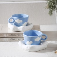 Ensemble de tasses à café en céramique en forme de nuage faites à la main, tasse à thé ciel bleu rêveur avec soucoupe