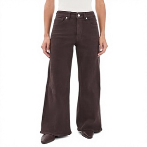 Pantalones vaqueros de mezclilla marrón oscuro de cintura media y pierna recta para mujer, estilo casual, corte regular, color liso, tela de algodón, estilo veraniego - Product Image 1