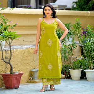 Premium Lime Green 60x60 Cotton Applique Embroidered Suit Set with Sleeveless <b>Kurta</b> Palazzo and Dupatta for <b>Women</b> - Product Image 3