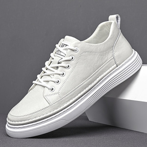 <b>White</b> Leather Sneakers Men Low <b>Heel</b> Breathable Rubber Sole Casual Walking Shoes - Product Image 1