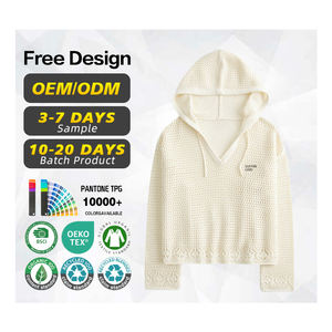 Suéter con Certificación GRS, Fabricante de Suéteres, Diseño Personalizado con Logotipo, Suéter de Mujer con Capucha, Cuello en V, Estilo Crochet, Calado, de Algodón y Poliéster - Product Image 1