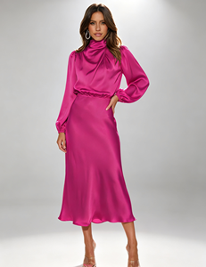 Abito Midi Estivo Vintage <span class=keywords><strong>in</strong></span> <span class=keywords><strong>Raso</strong></span> Intrecciato per Donna, <span class=keywords><strong>Vestito</strong></span> Casual da Ufficio Traspirante con <span class=keywords><strong>Maniche</strong></span> <span class=keywords><strong>Lunghe</strong></span> e Bottoni Frontali - Product Image 1