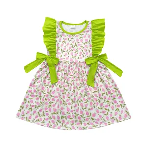 GSD1036 Pink flowers Green lace bow sleeveless dress dresses for girls of 10 year old