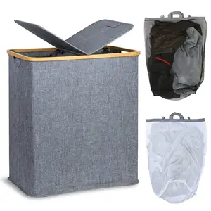 Đôi giặt Hamper với nắp có thể gập lại giặt giỏ 2 ngăn với xử lý và lưới lưu trữ túi - Product Image 1