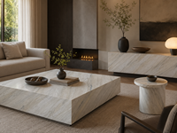 Dalles de marbre blanc Ajas polies sur mesure, carreaux de sol, panneaux cannelés, plans de travail pour îlots de cuisine, rebords de fenêtre et dessus de tables basses
