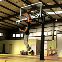 Support de basketball en métal robuste fixe au sol avec panneau arrière en verre trempé et anneau détachable pour compétition en stade intérieur/extérieur