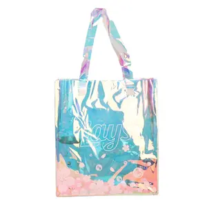 Bolso de compras personalizado de PVC, bolsa de mano holográfica, transparente, iridiscente, arcoíris, con impresión de logotipo