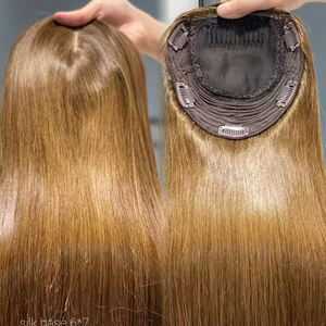 Topper de cabello humano SHY parte libre base de seda Topper mono 6*7 top de seda para Clip en postizos #4 Topper de pelo liso marrón - Product Image 1