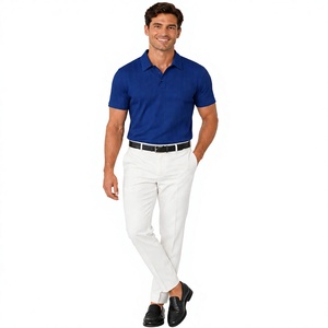 Polo de Punto Azul Liso para Hombre, Manga Corta, Diseño Acanalado, Suave y Transpirable, Ropa Casual Elegante, Venta al Por Mayor OEM - Product Image 5