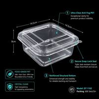 Boîte alimentaire carrée transparente en PET, en stock usine, pour pains, toasts, riz, pâtisseries, emballage individuel à emporter