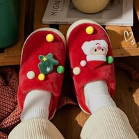 Chaussons en peluche de Noël pour femmes, avec applique Père Noël et sapin, chauds, doux, à bout fermé, à enfiler, pour l'intérieur, chaussures d'hiver