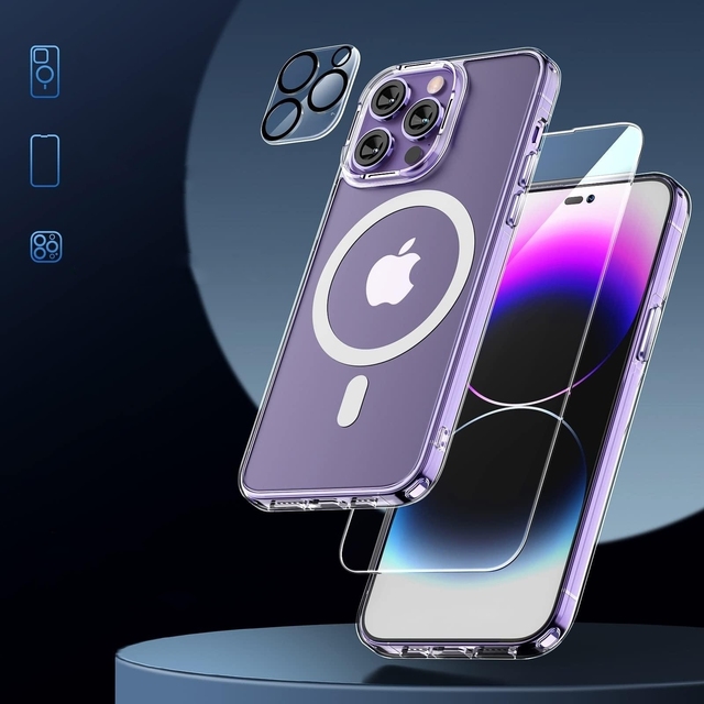 5 in 1 Magnetic Phone case for iPhone 15 Pro Max 2 Pack Tempered Glass Screen Protector Camera Lens Protective for iPhone 14