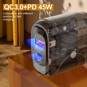 2025 nuevo enchufe de viaje transparente QC3.0 PD 45W adaptador de corriente para ordenador portátil para <span class=keywords><strong>iPhone</strong></span> cargadores rápidos portátiles tipo C cargador de pared USB - Product Image 2