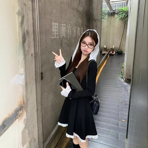 Lace Trimmed Color Blocked Hooded Long Sleeve Dress For Women Autumn Winter 2025 Elegant Fashionable Slim Fit Short Skirt Daily - Product Image 4