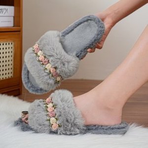 Chaussons d'intérieur doux et confortables pour femmes, version coréenne, à bout ouvert, antidérapants, en peluche perlée, à semelle épaisse, pour l'automne - Product Image 6