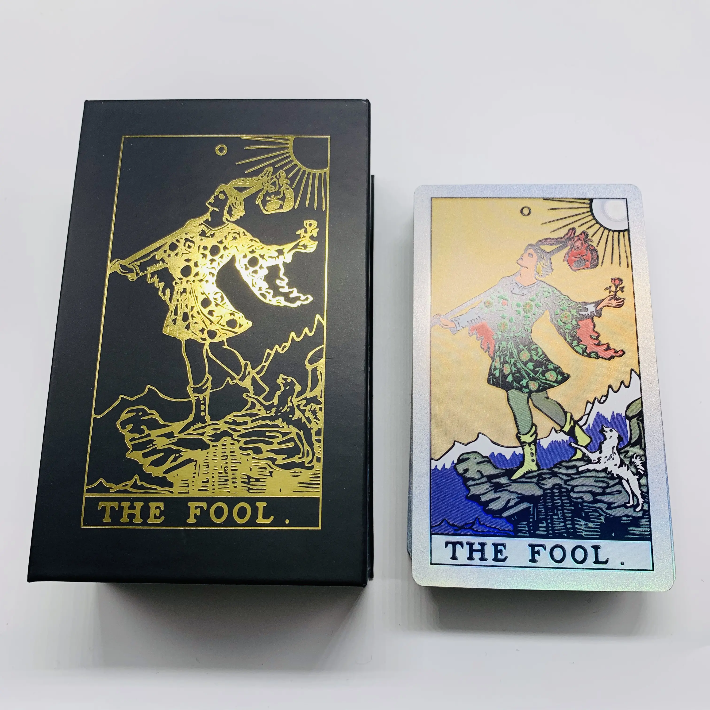 Tarjeta de Tarot personalizada de papel de aluminio dorado y plateado, tarjetas de oráculo impermeables con libro de guía y caja delicada