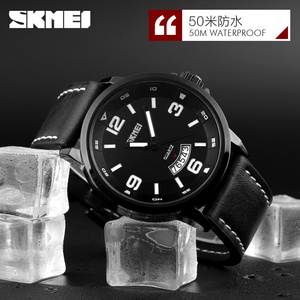 SKMEI นาฬิกาควอทซ์อะนาล็อกสำหรับผู้ชาย หน้าปัดสีดำ สายหนัง แสดงวันที่ นาฬิกาข้อมือแฟชั่นลำลอง ตัวเรือนโลหะผสมสังกะสี - Product Image 2