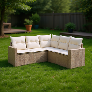 Conjunto de sofás de jardín beige para exteriores con ratán PE resistente a los rayos UV y cojines impermeables para muebles de patio contemporáneos - Product Image 2