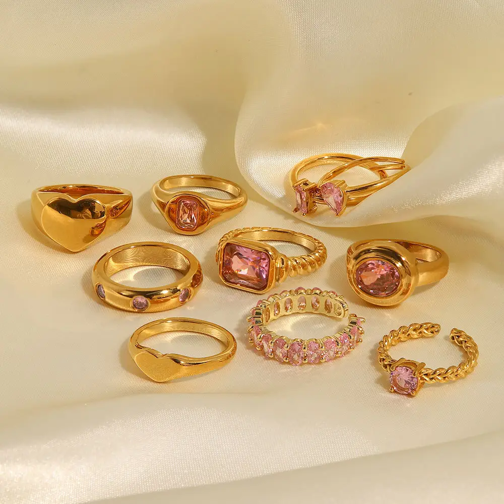 Thời trang nhiều phong cách đám cưới PVD mạ vàng thép không gỉ dát Hồng Đá Nhẫn cho phụ nữ