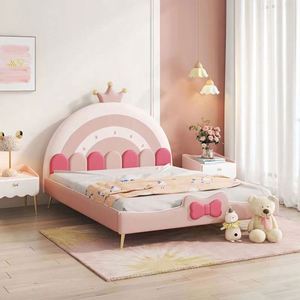 Cake Princess Kids Daybed Full Size <b>Wood</b> Cotton Upholstery Comfortable Modern Pink <b>Rainbow</b> Color Block Design for Girls Bedroom - Product Image 1
