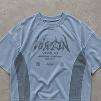 T-shirt Homme Rétro Personnalisé à Impression Numérique avec Logo sur la Poitrine, Coupe Boxy, Manches Courtes, Effet Délavé Vintage, Panneaux Color Block, pour Usage Quotidien