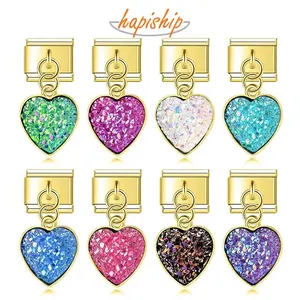 Hapiship 2024 New Fashion Romantic Shiny Heart Italian Charm Fit 9mm Stainless Steel Bracelet DIY Making Women Jewelry DJ1060