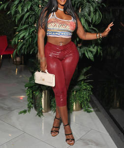 Pantalon décontracté pour femme, sexy, uni, brillant, à taille haute, imprimé serpent, à sept quarts, pour soirée, club - Product Image 3