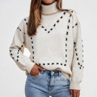 Suéter de punto de cuello alto oversize negro de alta calidad con diseño de contorno de punto de cruz, ropa de manga larga